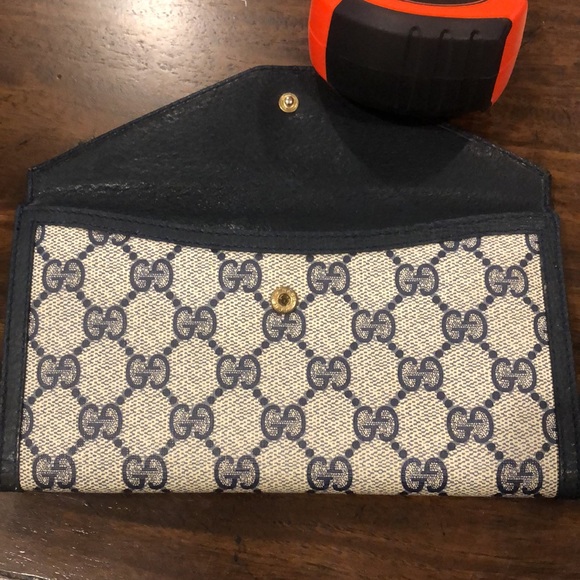 GUCCI GG Monogram Navy Blue Leather and Coated Canvas Long Bifold Wallet Vintage - Picture 7 of 17